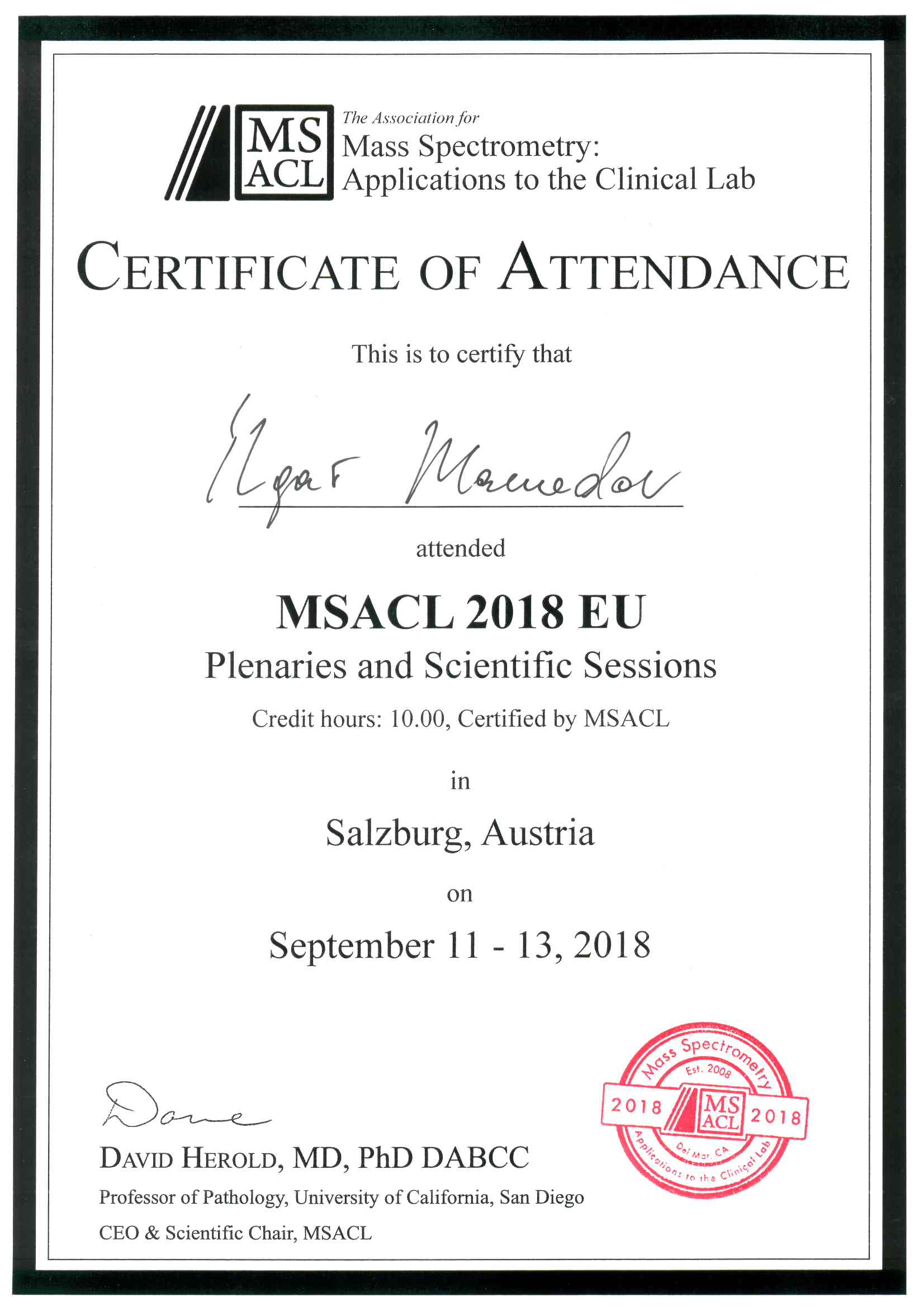 Свидетельство о посещаемости MSACL 2018 EU Пленарные и Научные Заседания. 2018
